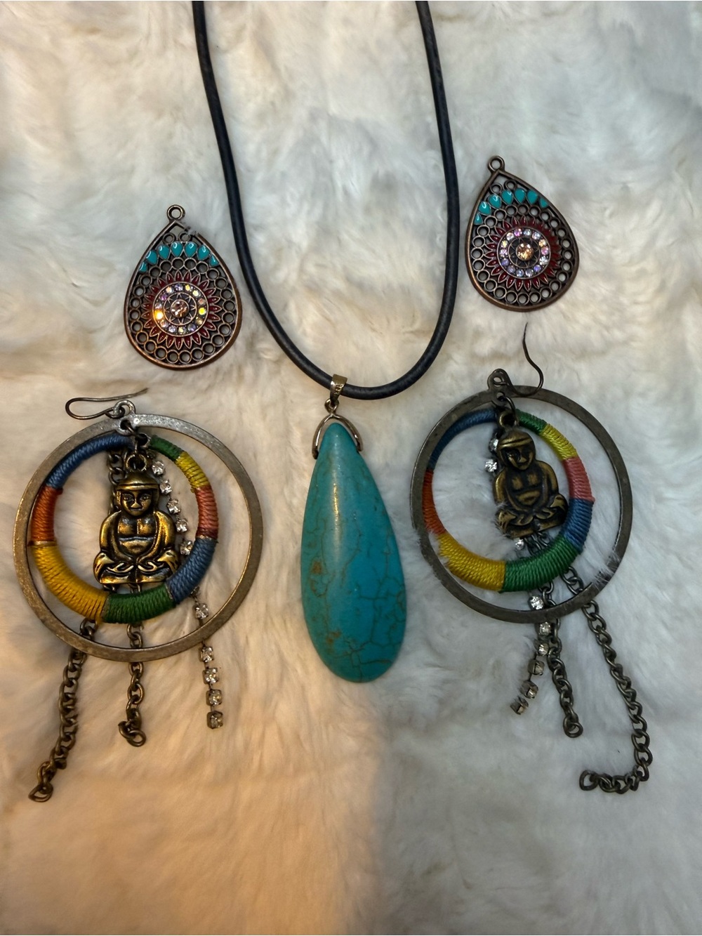 Boho Jewelry Lot Turquoise Teardrop Necklace Buddha Earrings 2 Pairs